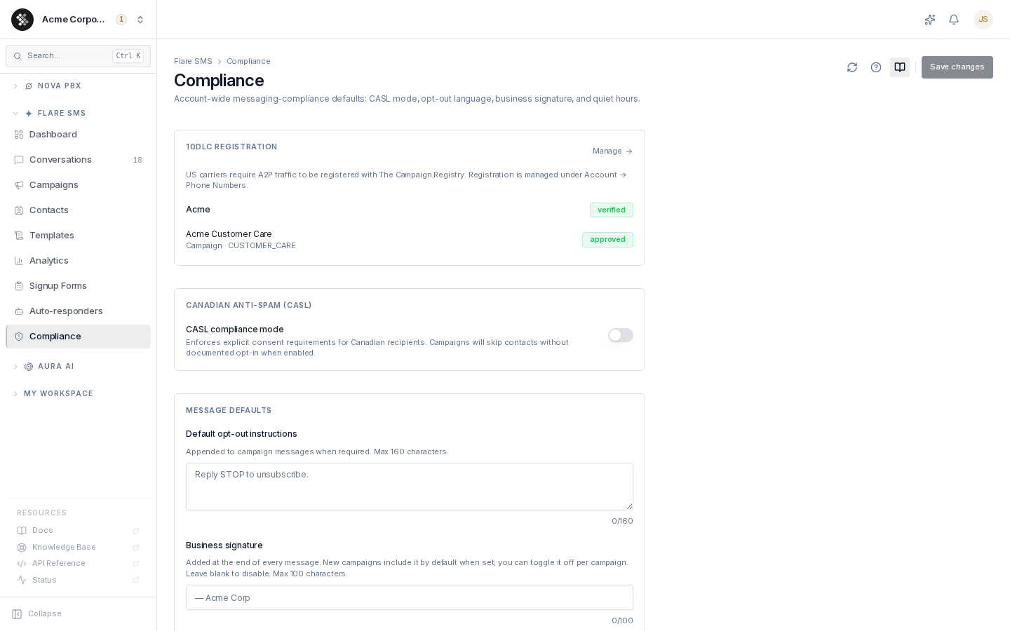 Flare SMS Compliance settings
