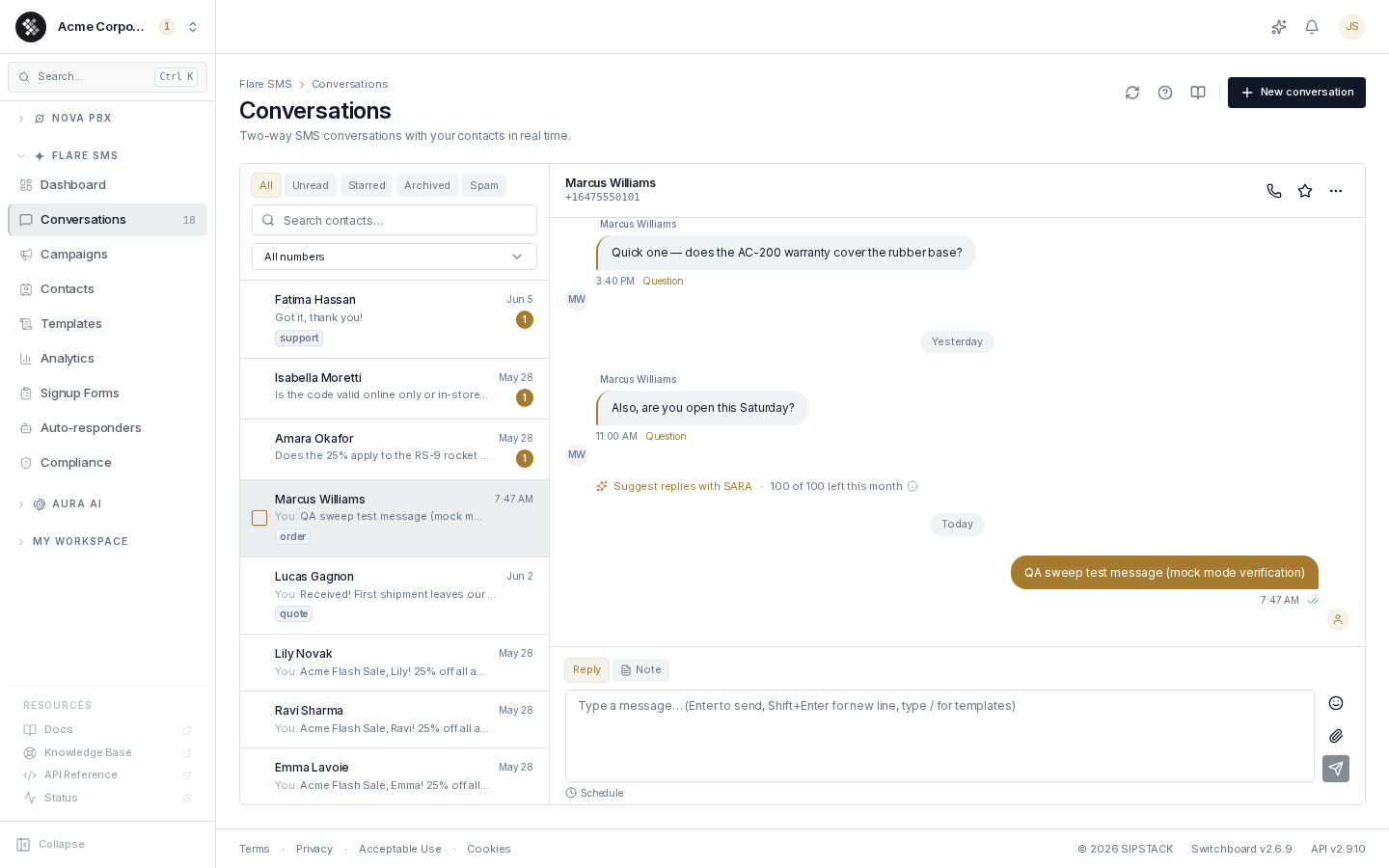 A conversation thread with sentiment labels and delivery status
