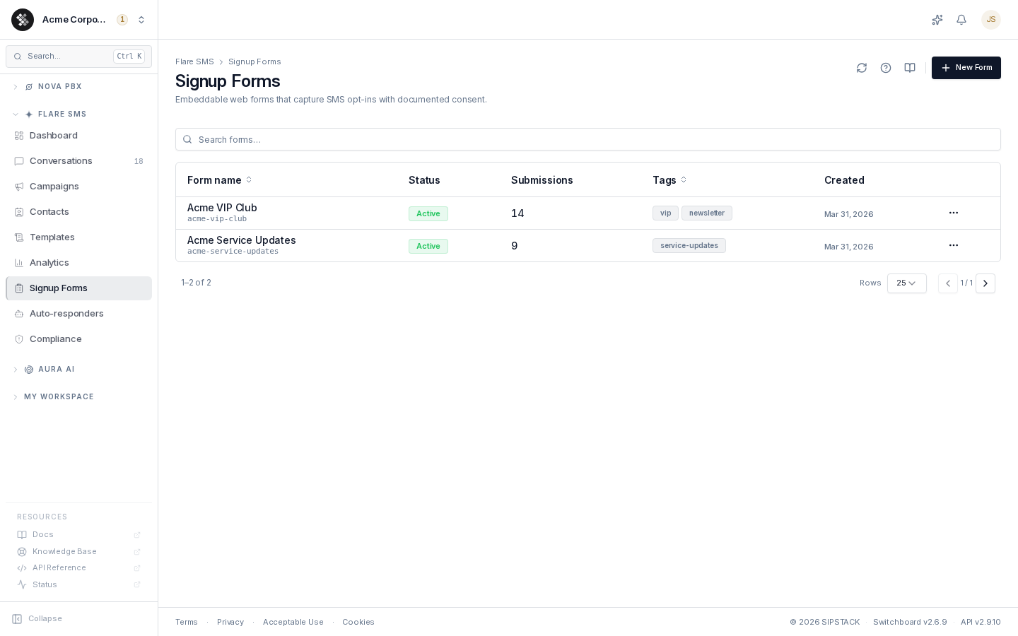 Signup Forms list