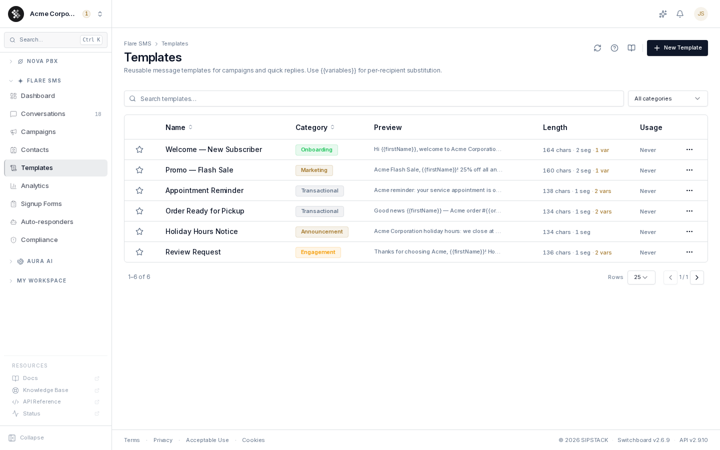Message Templates page