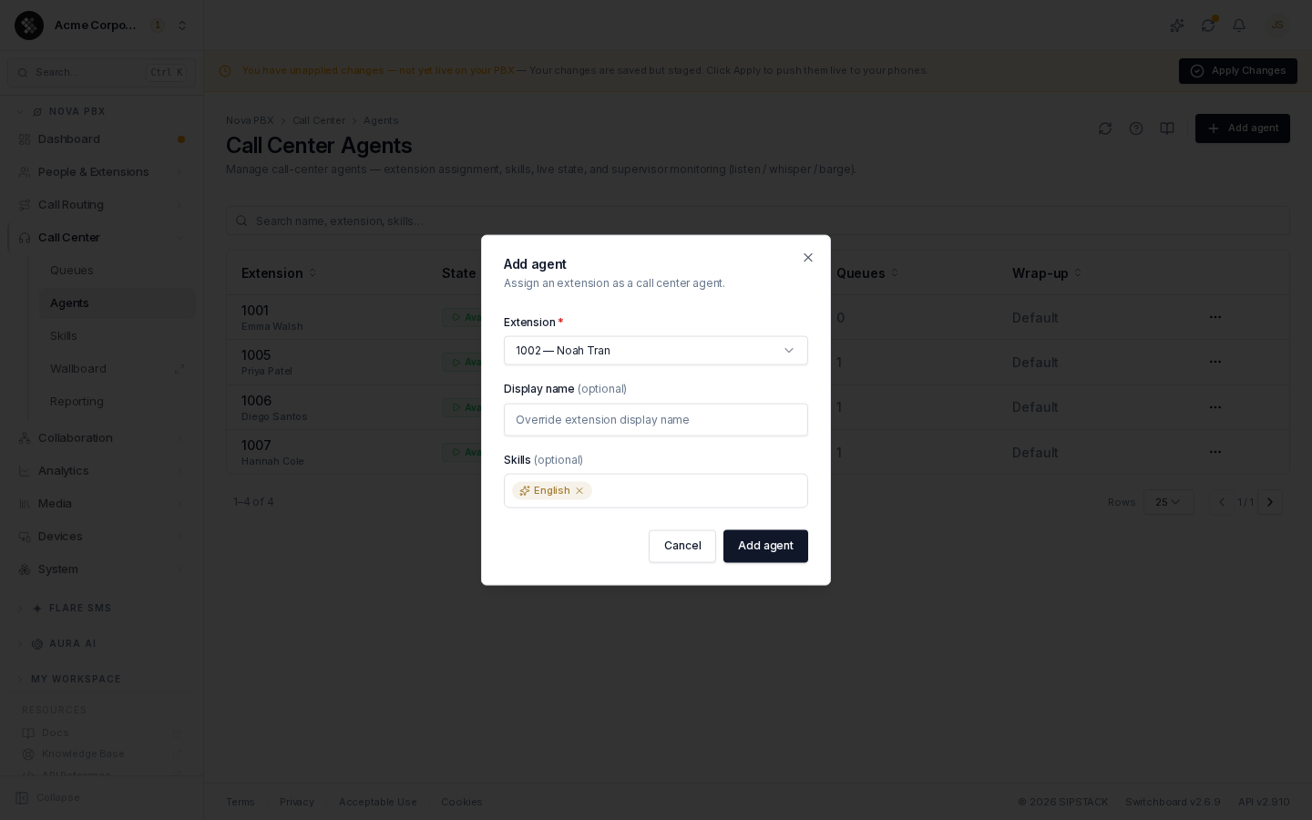 The Add agent dialog
