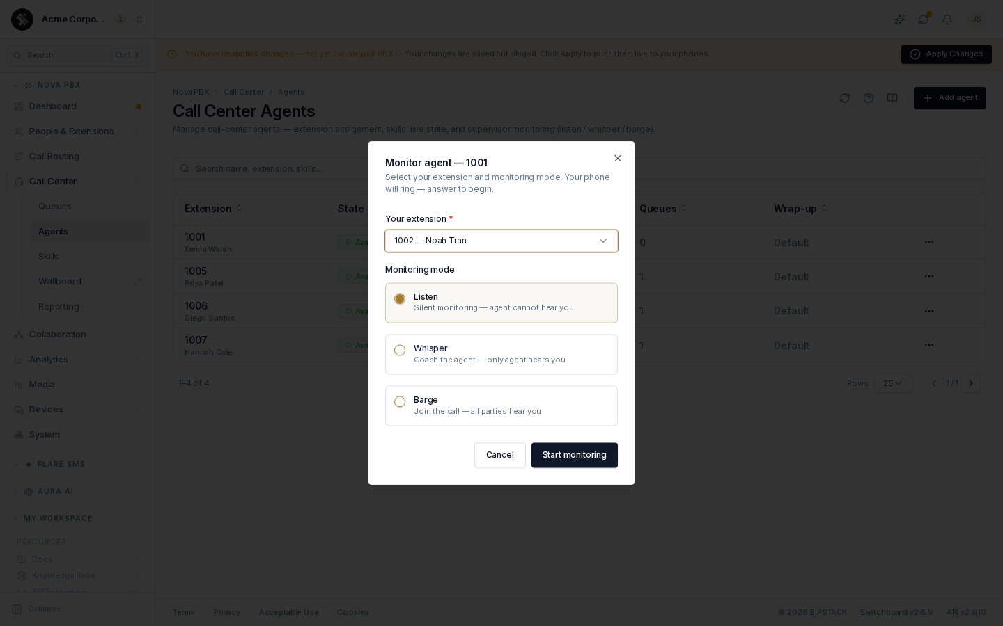 The Monitor agent dialog