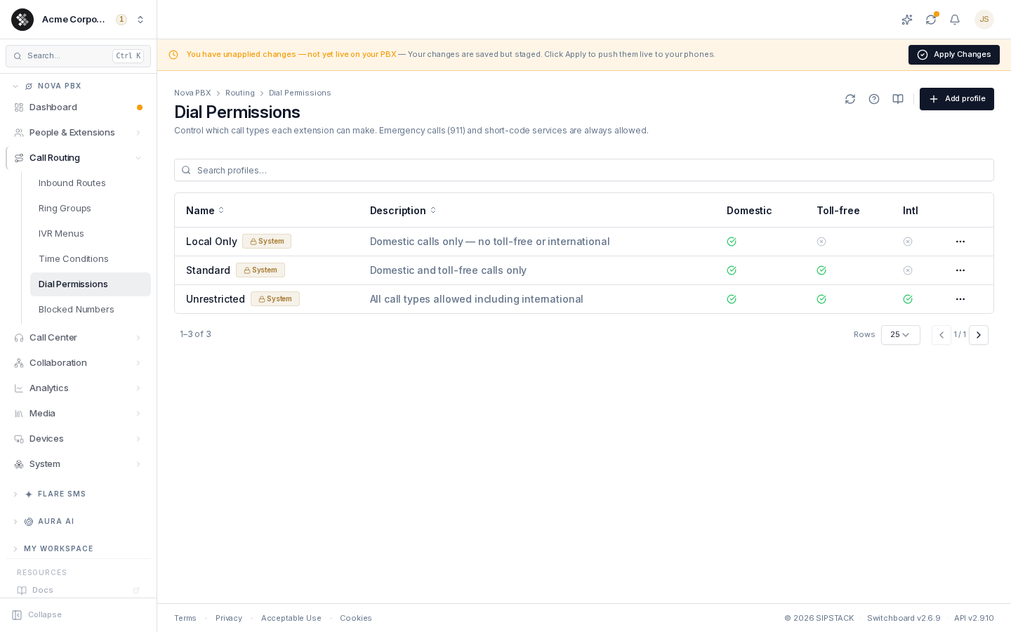 Dial Permissions list