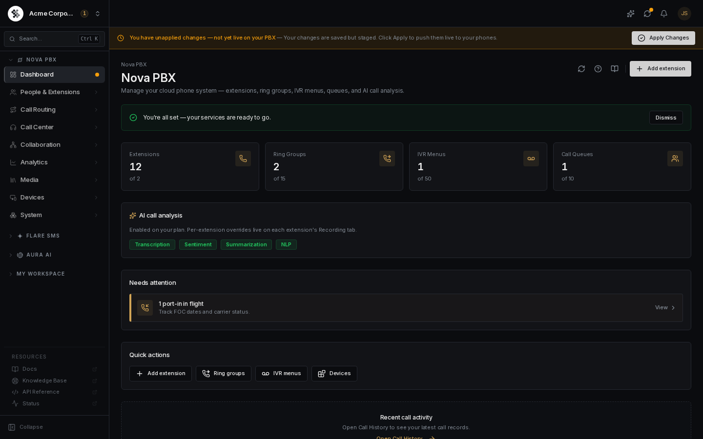 The Nova PBX dashboard in dark mode