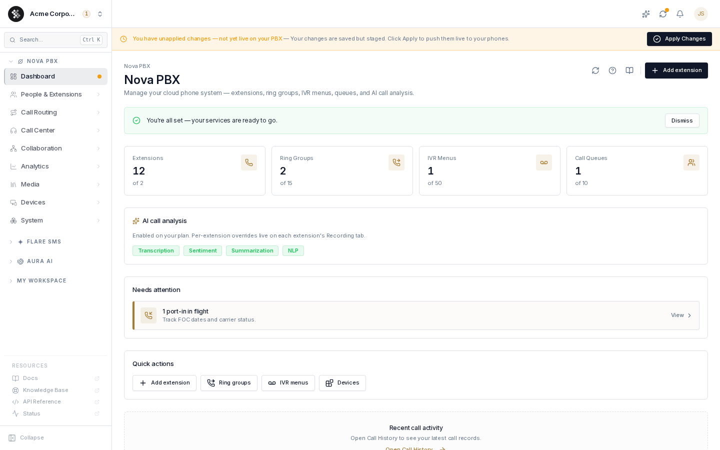 The Nova PBX dashboard