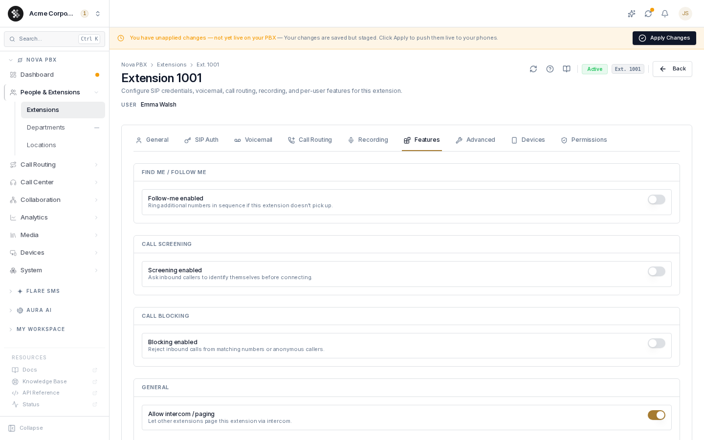 Extension editor — Features tab