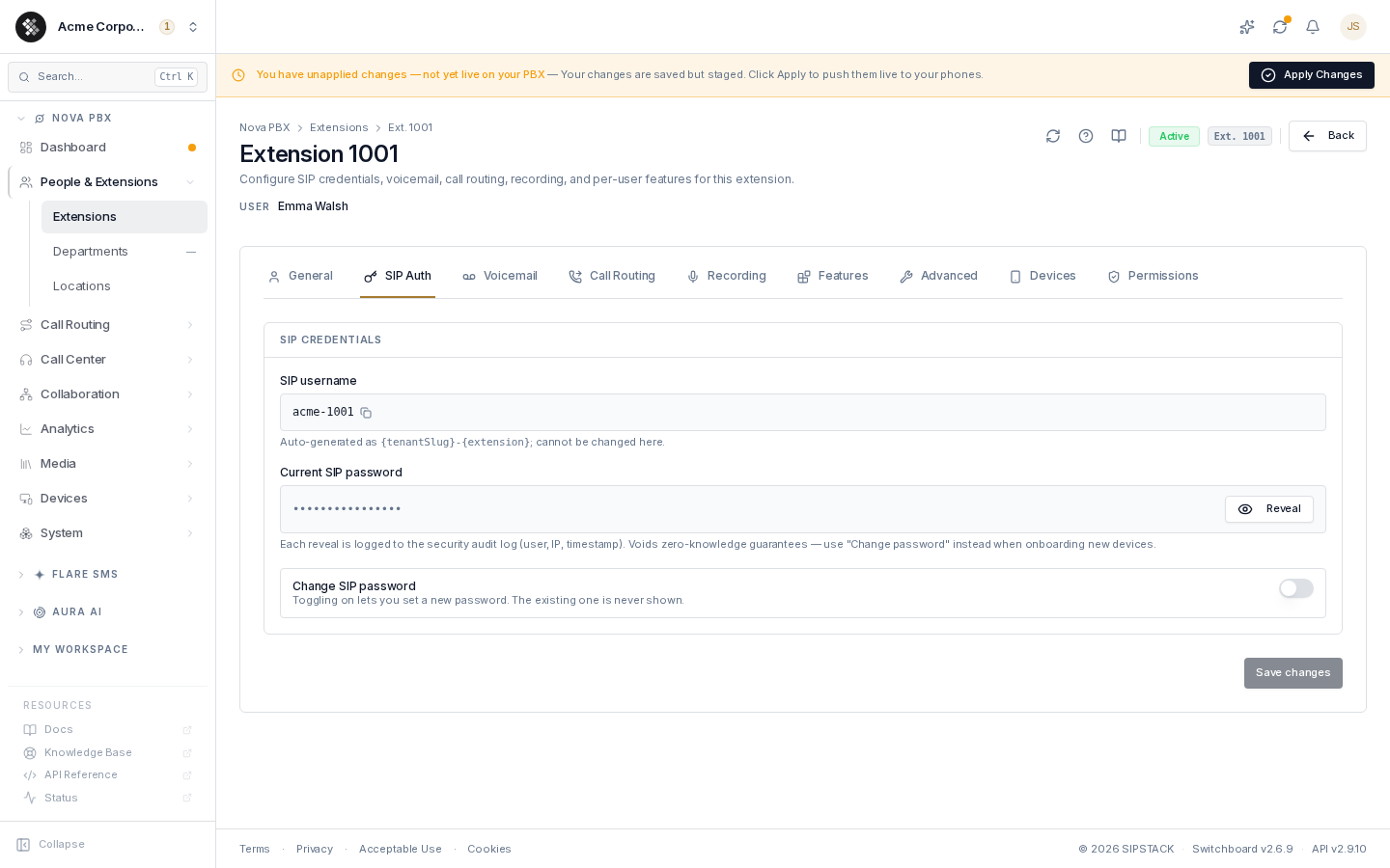 Extension editor — SIP Auth tab