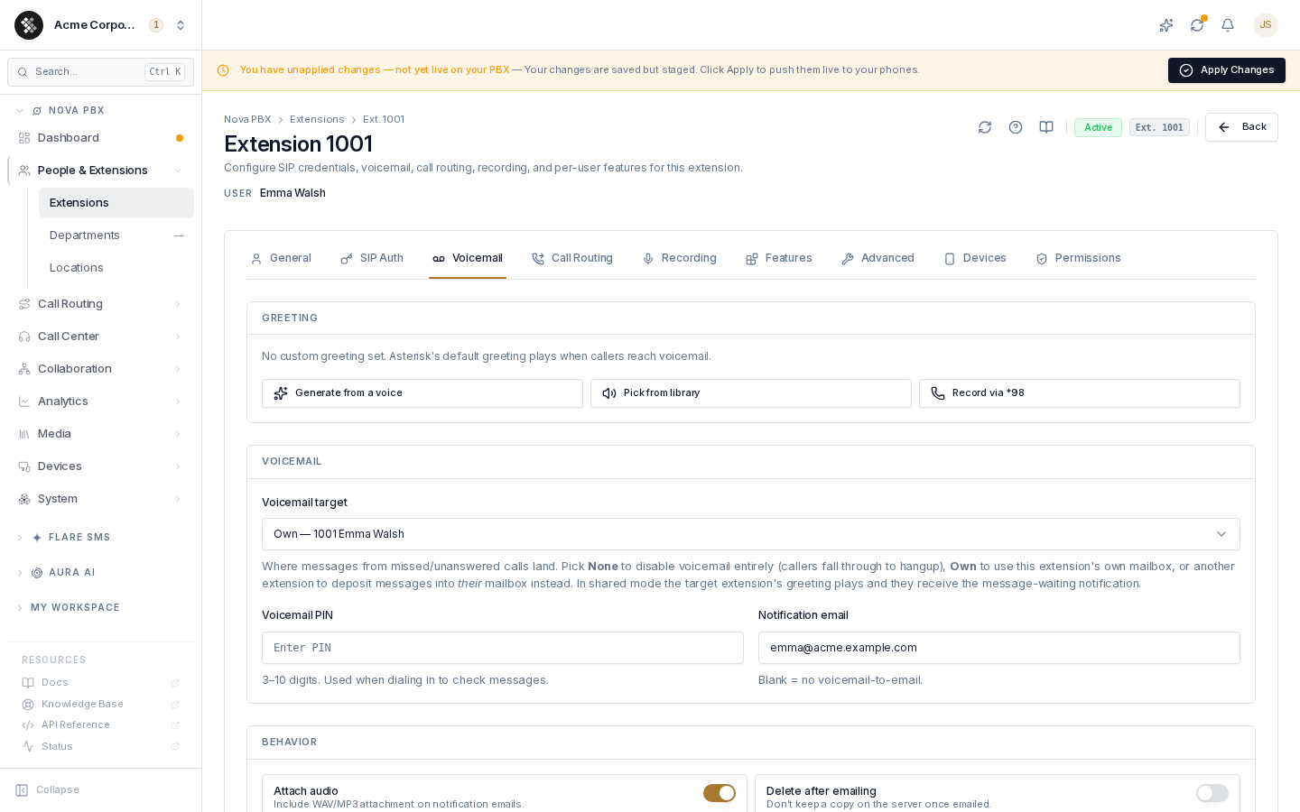 Extension editor — Voicemail tab