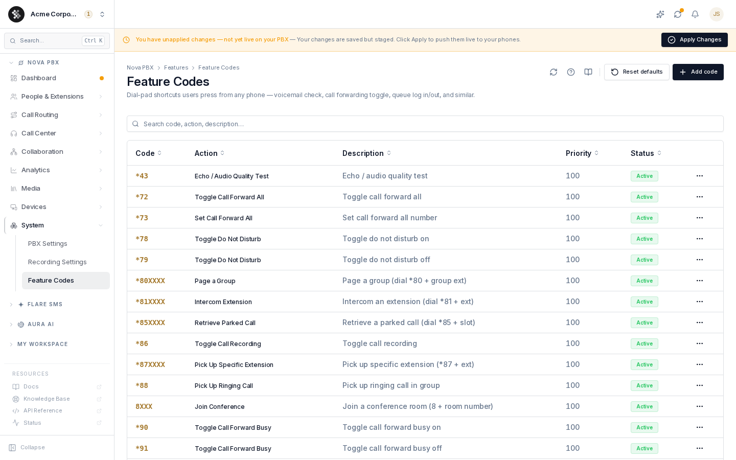 Feature Codes list