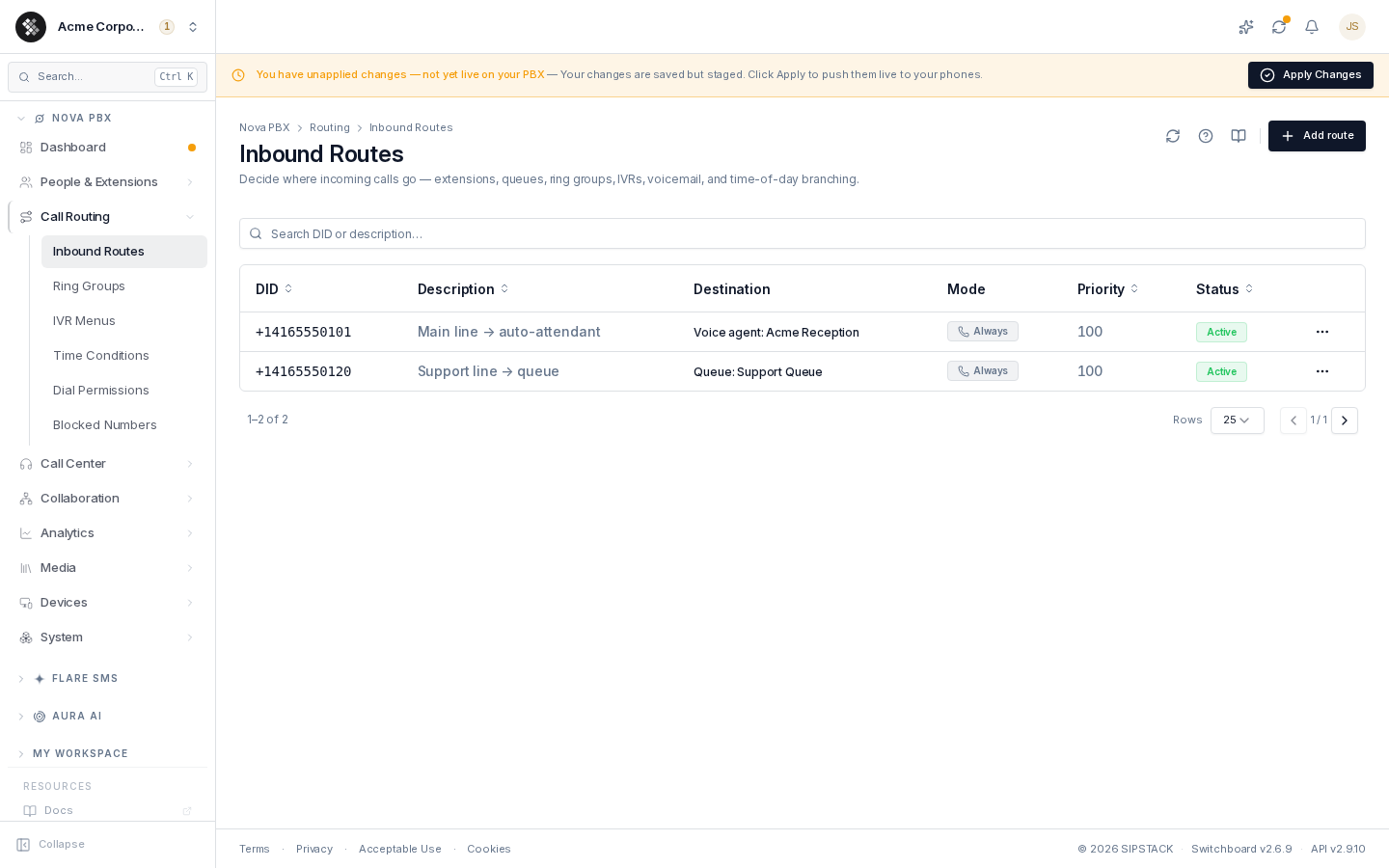 Inbound Routes list