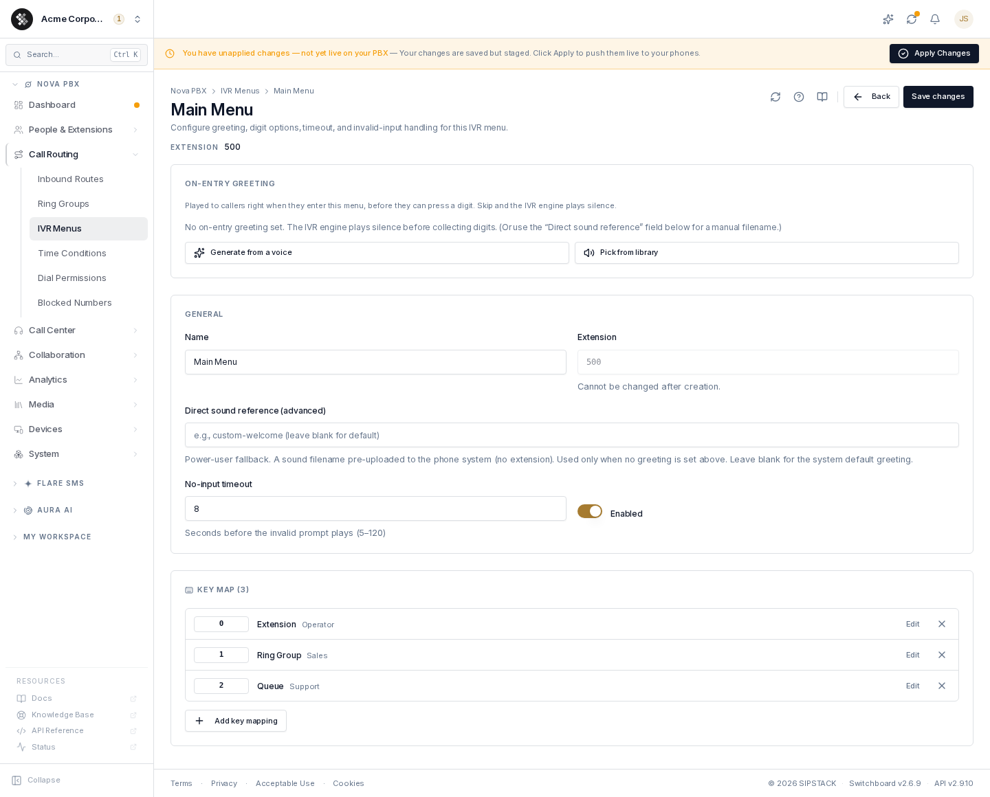 The IVR menu editor with the key map