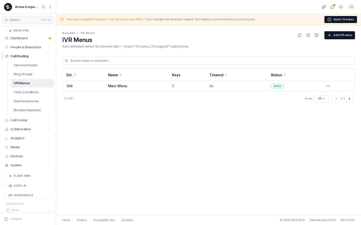 The IVR Menus list