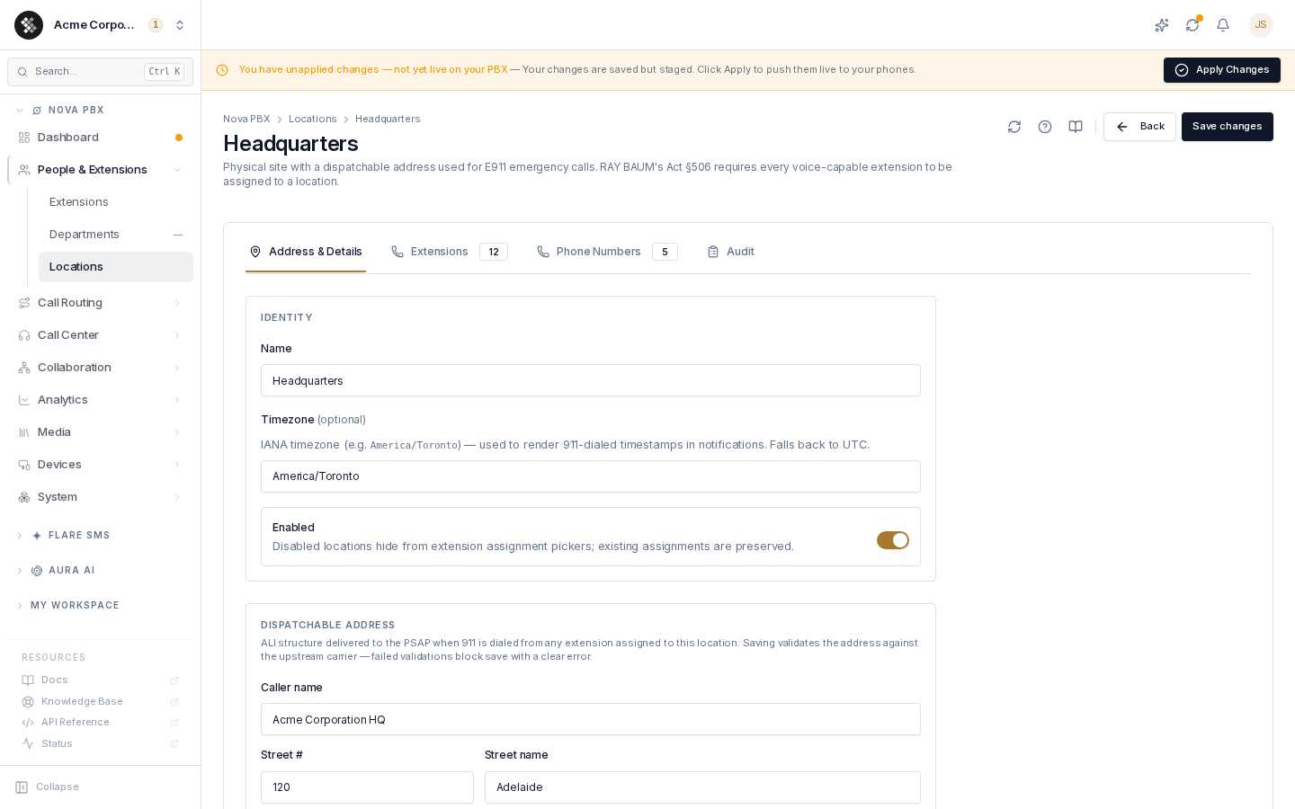Editing a location: the dispatchable address form