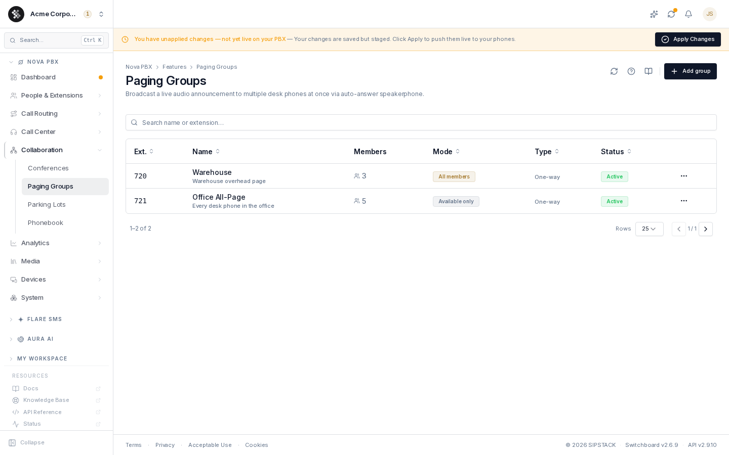 The Paging Groups list