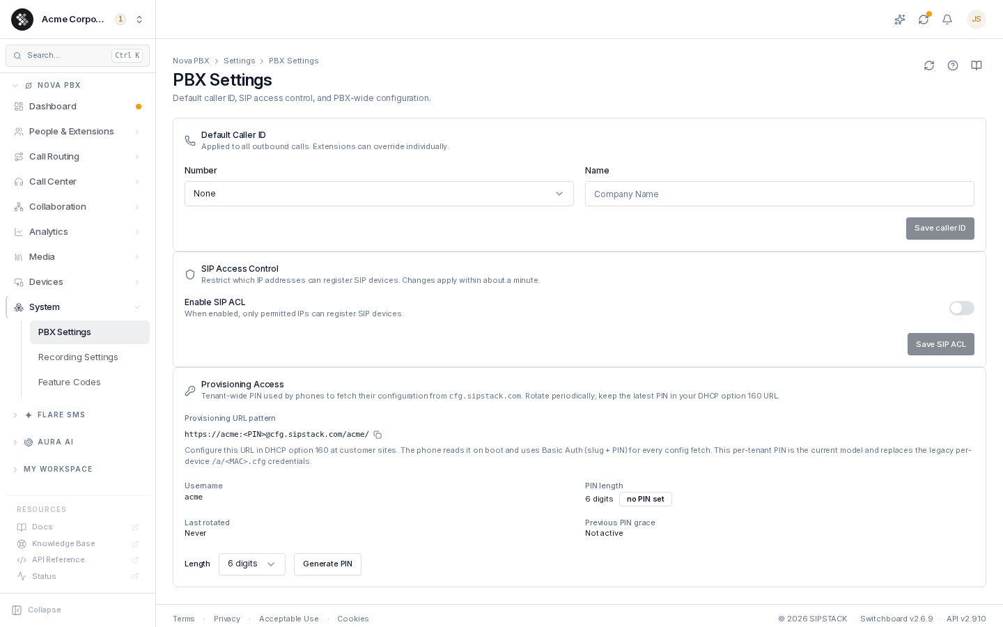PBX Settings page