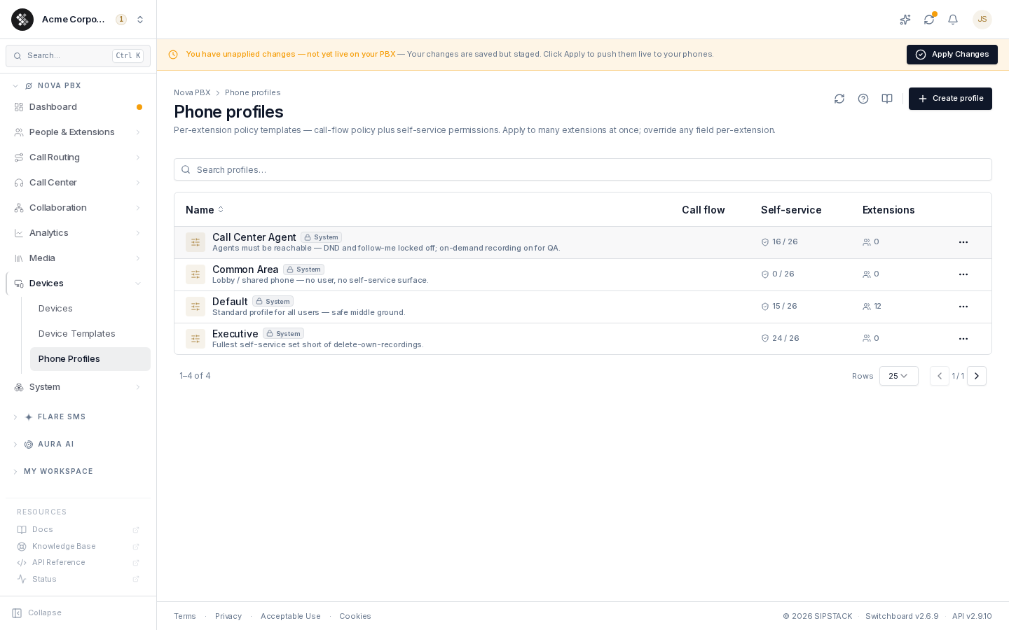 Phone Profiles page