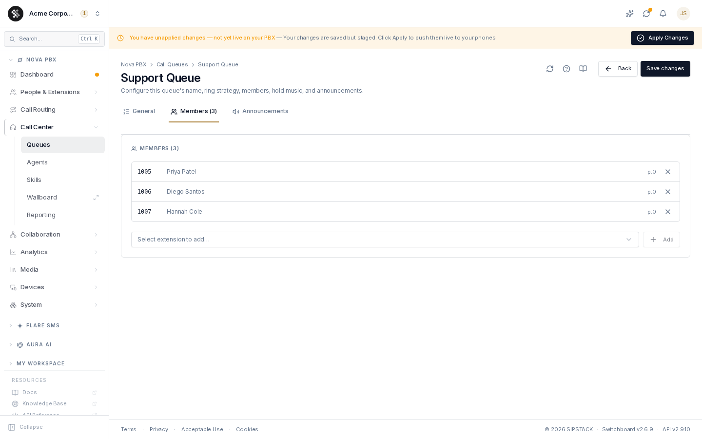 The Members tab of the queue editor
