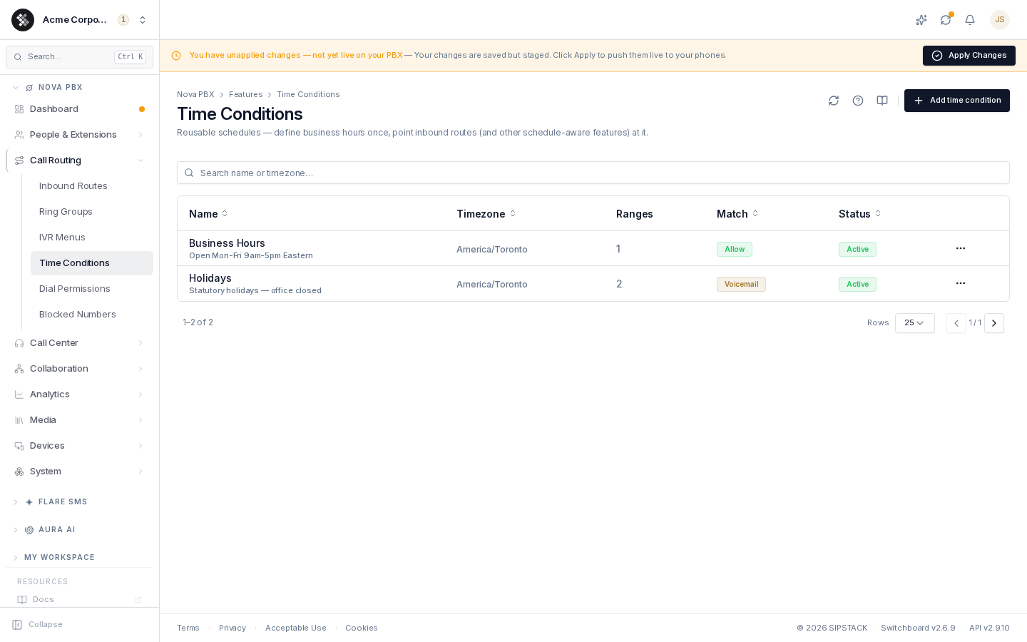 The Time Conditions list