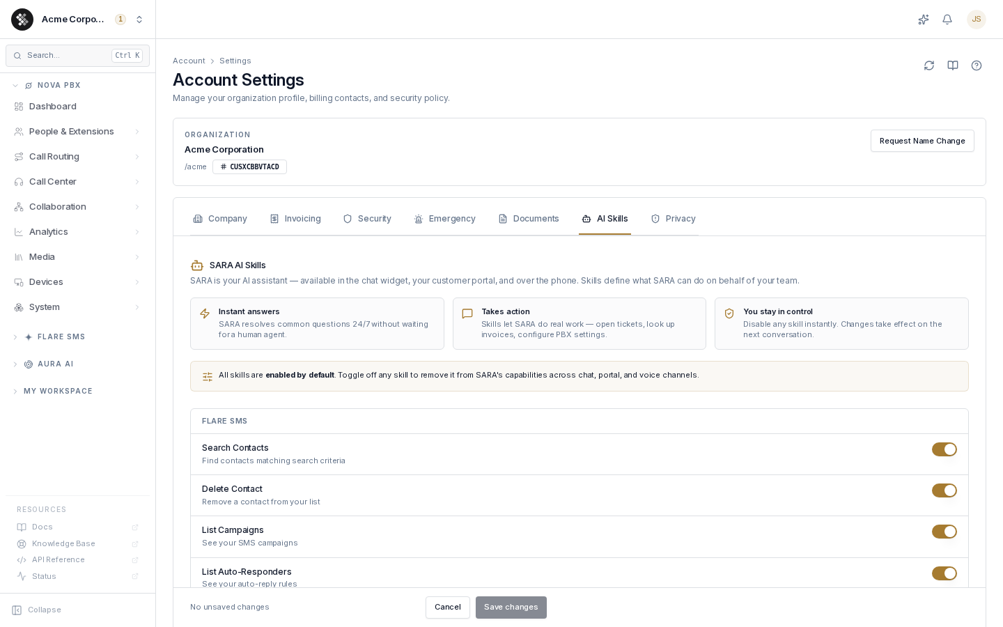 AI Skills settings tab — per-skill enable/disable toggles grouped by product