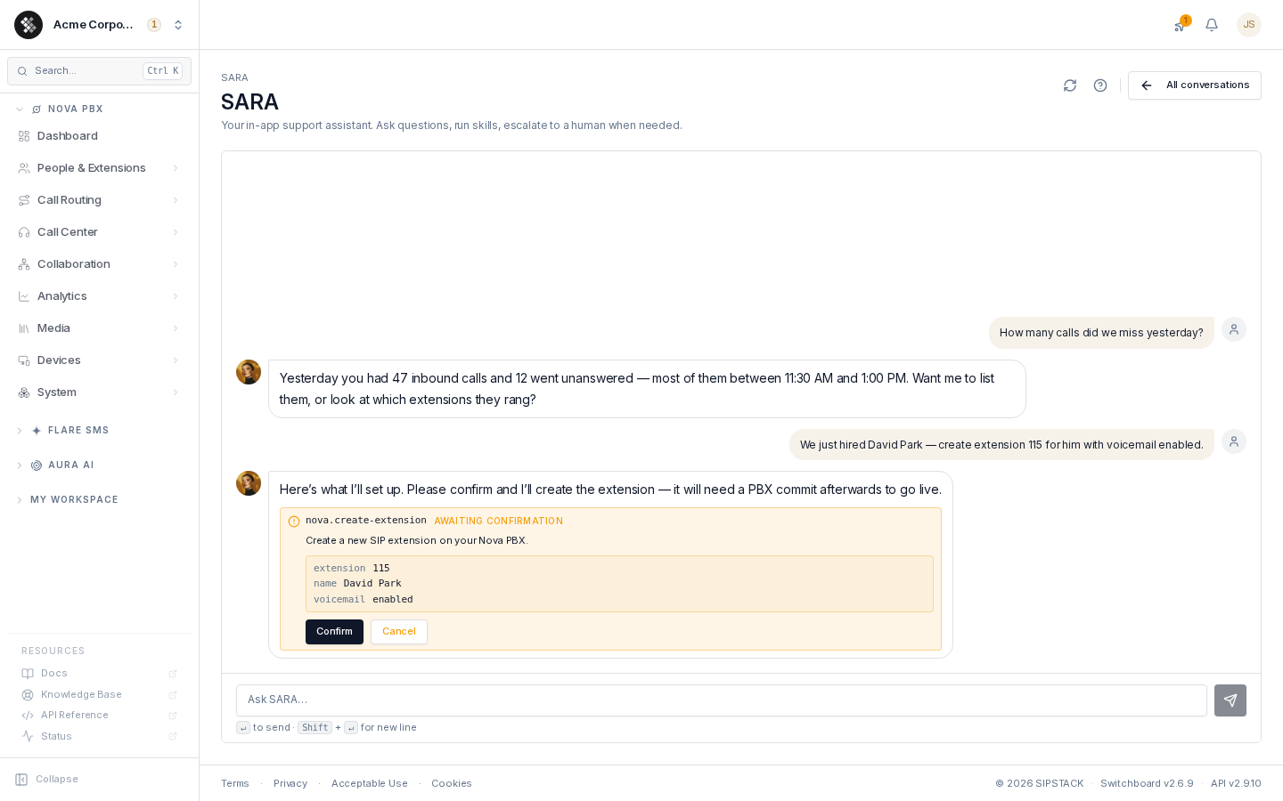 SARA conversation with a skill confirmation card awaiting approval