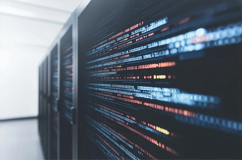 Server rack with data and code display close-up