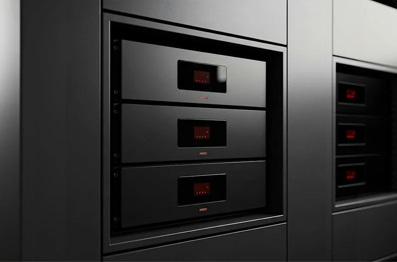Sleek black server equipment with red LED indicators