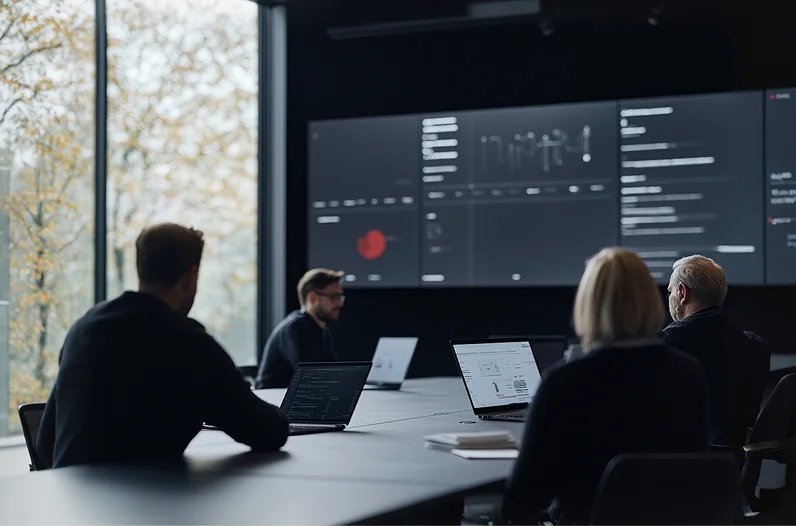 SIPSTACK team collaborating in a boardroom with a large dashboard screen